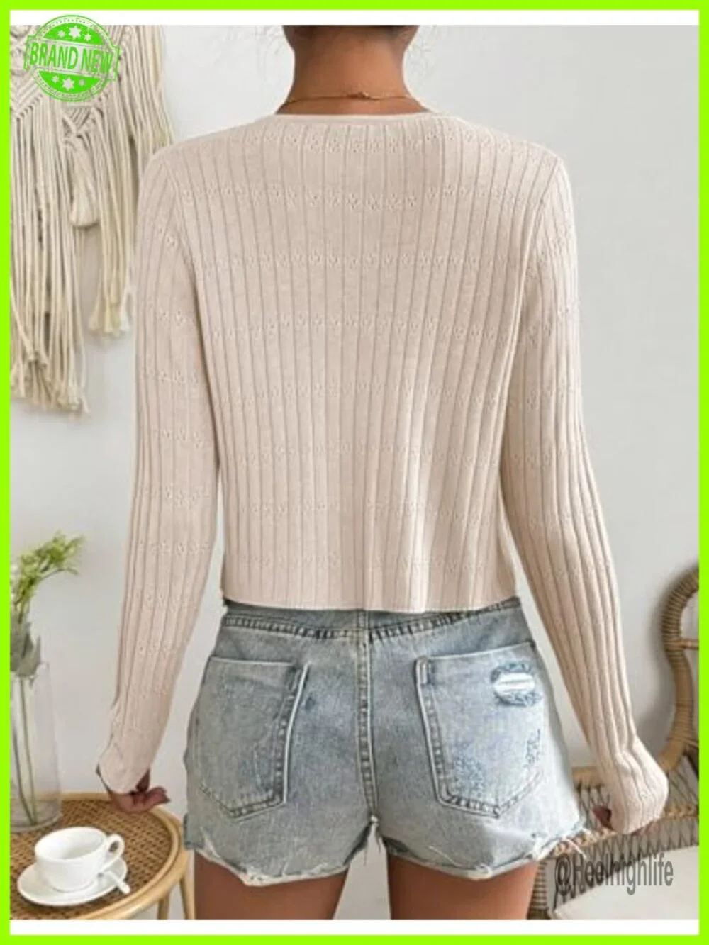 Womens Tie Front Cardigan Long Sleeve Rib Knit Shrug Crop Top